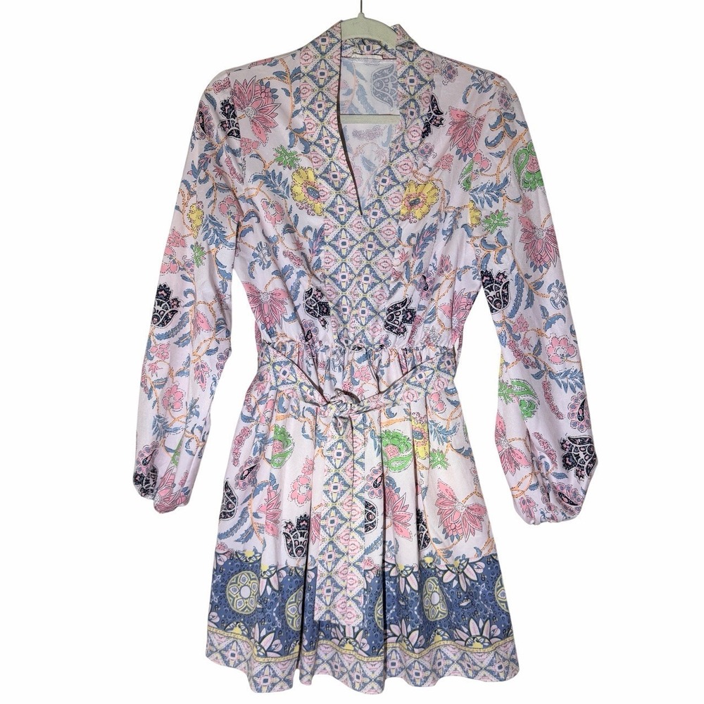 Sunday Up V-Neck Dress Paisley & Floral Boho Elastic Waist w/ Belt Size Medium